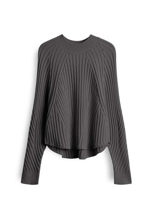 Maglione a coste grigio scuro con maniche lunghe, scollatura rotonda e design a pannello a sbuffo e testurizzato sul fronte e sul retro.
