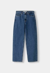 Mörkblå jeans i denim med rak passform, fem fickor, knapp- och dragkedjestängning, samt en lätt blekning i tygtexturen.