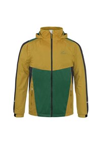 Gelbe und dunkelgrüne Outdoor-Jacke mit schwarzem Reißverschluss und Akzenten, vorderen Reißverschlusstaschen, hohem Kragen und verstellbaren Handgelenkriemen.