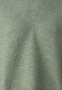 Svetlozeleni pleteni pulover z teksturirano V-obliko na prsih in mehko, puhasto teksturo po celotnem puloverju. Priložnostna zasnova.