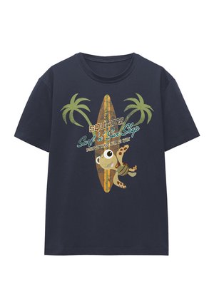 Navy blue cotton T-shirt featuring a graphic of a cartoon turtle on a surfboard, with palm trees and text "Squirts Surf 'n Sun Shop."