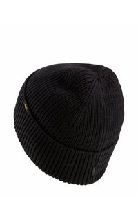 Sort strikket beanie-hat med ribbet tekstur, let tilspidset top og ombøjet kant. Har et lille logo-tag på siden.