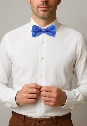 Blauwe satijnen vlinderdas gedragen over een wit overhemd met knoopjes. Het overhemd heeft een klassieke kraag en zichtbare knopen, met een paarse broek.