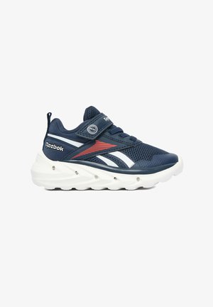 Granatowo-biały sneaker Reebok z czerwonym akcentem, siateczkową cholewką, paskiem na rzep z przyciskiem włączania/wyłączania oraz grubą, wyściełaną podeszwą z małymi wbudowanymi światłami.