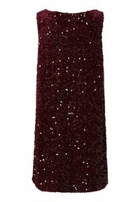 Bordo haljina s paileama, bez rukava, ravnog kroja. Ima teksturiranu površinu s brojnim sjajnim paileama, stvarajući šuplji efekt.