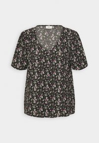 Blusa nera a fiori con maniche corte, scollatura a V e dettaglio con bottoni. Il tessuto presenta piccoli motivi floreali bianchi e rosa.