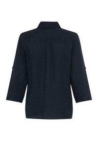 Dark navy blue long-sleeve shirt with folded collar and button tabs on sleeves, shown from the back.