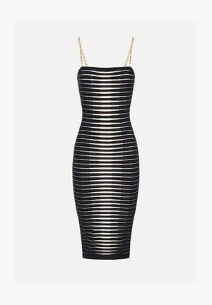 Sort og hvid, stribet, tætsiddende midi-kjole med tynde skulderstropper i guldkæde og en lige halsudskæring.
