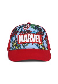 Cappellino da baseball rosso con una parte frontale blu a fantasia raffigurante personaggi Marvel e un prominente logo rosso "MARVEL" su uno sfondo bianco.