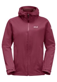 Maroon waterproof jacket with a zip front, adjustable hood, and two side pockets; features a logo on the left chest and sleeve.