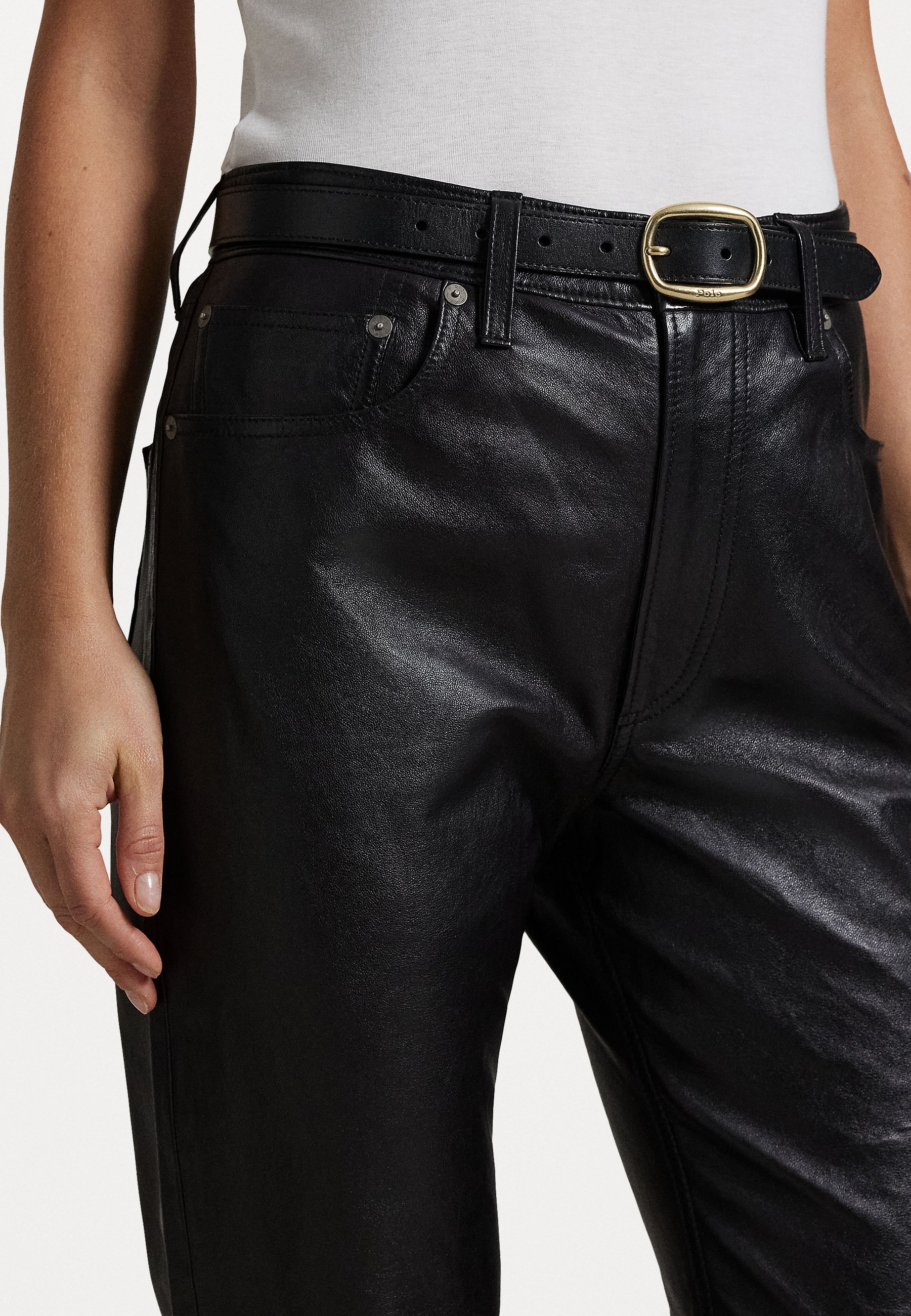 【Poro ralph lauren】leather pants 4 High-rise wide-leg leather pants in beige - Polo Ralph