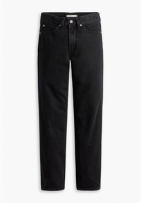 Jean droit en denim noir avec cinq poches, fermeture par bouton et passants pour ceinture, posé à plat sur un fond blanc.