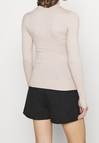 Light pink ribbed long-sleeve top with a fitted design and turtleneck. Paired with black shorts, showcasing a seamless texture and snug fit.