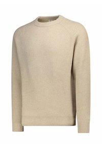 Maglione beige a coste con scollo rotondo, maniche lunghe e motivo a maglia lavorata a trama, realizzato in un tessuto morbido.