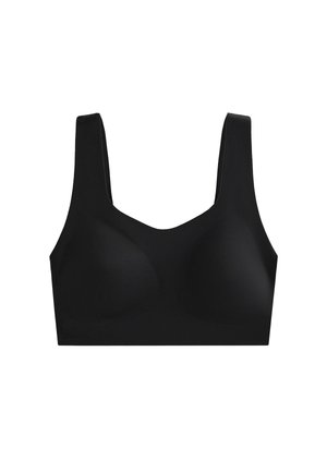 Black bra with wide straps and a U-shaped neckline. Made of smooth fabric with molded cups, featuring no visible seams or hardware.