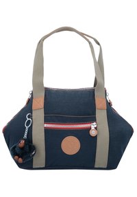 Dunkelblaues Stoffhandtasche mit beige Lederakzenten. Verfügt über zwei Tragegriffe, eine vordere Reißverschlusstasche mit roten Details und einem dekorativen Affen-Schlüsselanhänger.