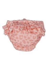 Rosa simbyxa med leopardmönster, med volangkanter och elastiska band vid midjan och benöppningarna för en säker passform.