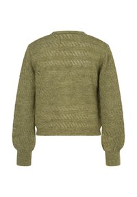 Olijf groene gebreide trui met complexe textuurpatronen, cropped ontwerp en lange, iets opgeblazen mouwen.