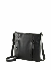 Schwarze Schultertasche aus Leder mit strukturierter Oberfläche, ausgestattet mit einem langen Tragegurt, zwei Reißverschlussfächern und einem kleinen Quastenakzent.