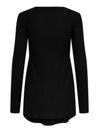 Chemise noire à manches longues en tissu côtelé avec un ourlet légèrement courbé, vue de dos.