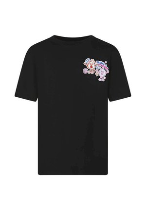 Chemise noire à manches courtes avec de petits personnages de fruits colorés style dessin animé et texte « Fruits Forever » sur la partie supérieure gauche de la poitrine.