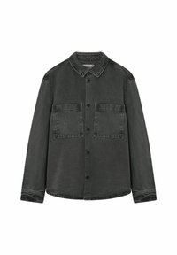 Cămașă din denim gri cu închidere cu butoni, guler clasic, două buzunare la piept și mâneci lungi. Prezintă o textură subtilă și un tiv curbat.