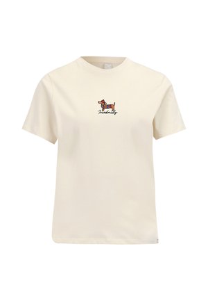 Cremefarbenes T-Shirt mit kurzen Ärmeln und rundem Halsausschnitt, mit einem kleinen bunten Dackel und dem Wort "Friedaily" auf der Brust bestickt.