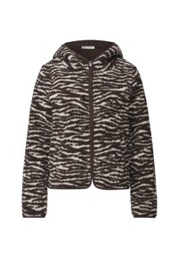 Veste en polaire à capuche à motif zèbre brun et blanc, avec fermeture éclair à l'avant et manches longues.
