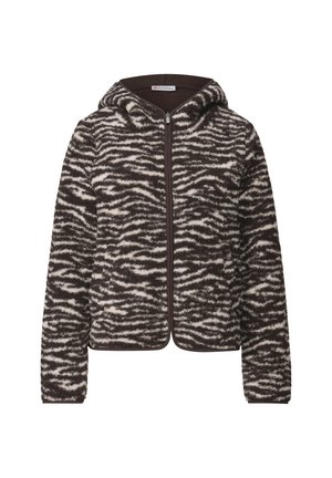 Brown and white zebra-patterned hooded fleece jacket with front zipper and long sleeves.