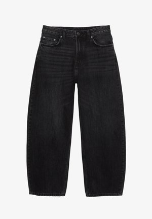 Črne jeans hlače širokih nog z visokim pasom, z zunanjim gumbom, zadrgo in pet žepov.