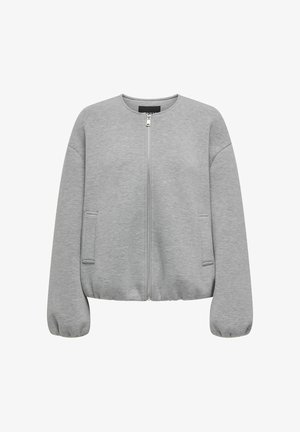 Graue, leicht gefütterte Bomberjacke aus weichem Material. Mit Rundhalsausschnitt, seitlichen Taschen und gerippten Bündchen für einen engen Sitz.