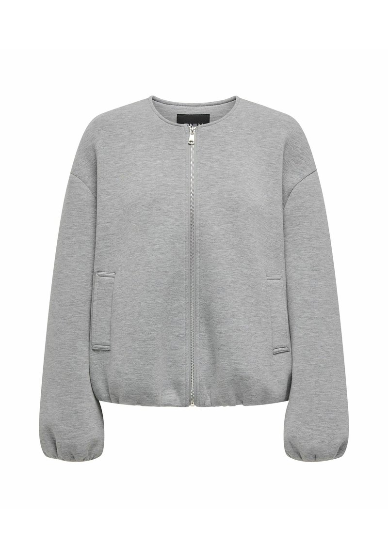 Gray zip-up bomber jacket made of soft material. Features round neckline, side pockets, and ribbed cuffs for a snug fit.