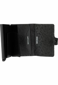 Black wallet with a hexagonal pattern. Features card slots labeled for cash and cards, and a durable, textured interior.