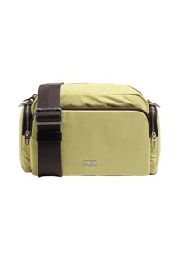 Yellow nylon messenger bag with a brown adjustable strap, zippered pockets, and a logo detail on the front. Smooth texture.