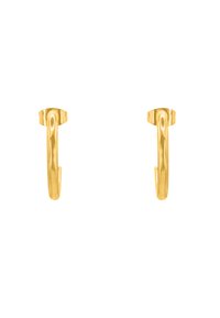 Goldene Creolen mit einer glatten, polierten Oberfläche. Sie haben ein geschwungenes Design und eine offene Rückseite für ein leichtes Anlegen. Geeignet für verschiedene Outfits.