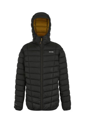Chaqueta negra acolchada con capucha, cremallera frontal, forro interior dorado y logo de Regatta Great Outdoors en el pecho.