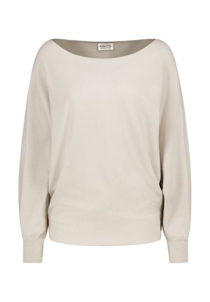 Beiger Pullover mit weitem Halsausschnitt, langen Ballonärmeln und gerippten Bündchen, aus weichem Material, mit lockerem Sitz und minimalistischem Design.