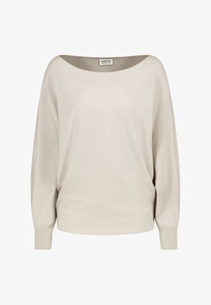 Beige trui met brede hals, lange ballonmouwen en geribbelde boorden, gemaakt van zacht materiaal, met een ontspannen pasvorm en een minimalistisch design.