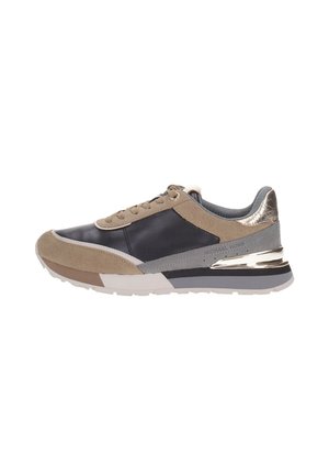 Sneaker a bassa altezza in beige, nero, grigio e oro metallico con lacci e suola spessa, vista laterale, marchio Michael Kors sul tallone.
