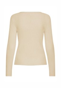 Maglione lungo a maniche lunghe in maglia a coste beige con scollatura rotonda, visto dal retro.