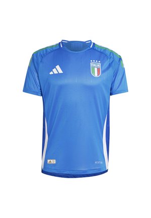 Modré atletické dresy vyrobené z ľahkej tkaniny. Obsahuje vertikálnu textúru, biele bočné panely, zelené akcenty a erb Talianska so starými.