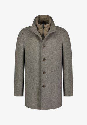 Grau Wollmantel mit vier Knöpfen, ausgestattet mit einer gesteppten inneren Reißverschlusstasche und einem Stehkragen.
