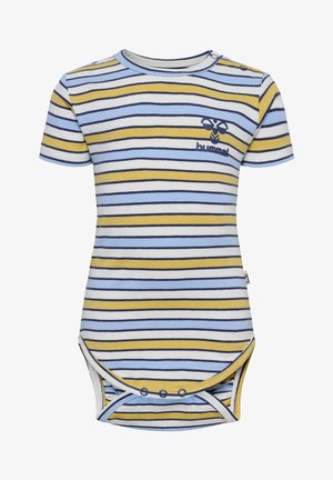 Stribet kortærmet body med blå, gul og hvide vandrette striber, med trykknaplukning i bunden og et logo på brystet.