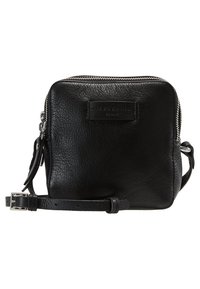 Borsa a tracolla in pelle nera con superficie texturizzata, cerniera argento e tracolla regolabile. Presenta una forma rettangolare e un logo in rilievo.