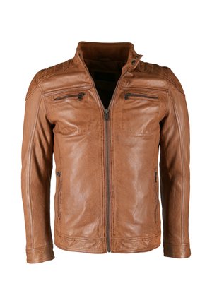 Bruine leren jas met een staande kraag, ritssluiting aan de voorkant en twee borstzakken. Gladde textuur met geborduurde schouderaccenten.