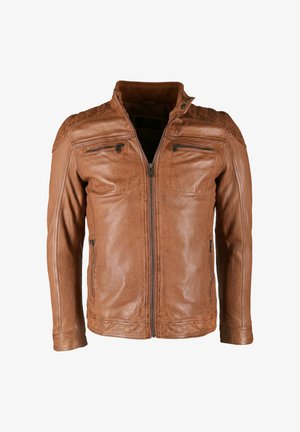 Bruine leren jas met een staande kraag, ritssluiting aan de voorkant en twee borstzakken. Gladde textuur met geborduurde schouderaccenten.