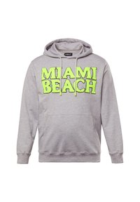 Felpa grigia in tessuto misto cotone con tasca kangaroo frontale. Presenta un audace testo in neon verde "MIAMI BEACH" sulla parte anteriore.