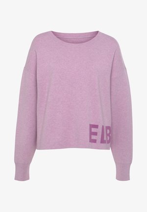 Hellblau-lila Oversized-Pullover mit lockerer Passform, gerippten Bündchen und einem großen "ELB"-Grafikdesign auf der unteren rechten Seite. Weiche, gestrickte Textur.