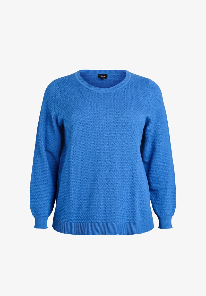 Pull en maille bleu à manches longues avec motif nid d'abeille texturé, poignets côtelés, ourlet et encolure ronde.