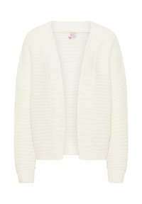 Weißer Strickcardigan mit offener Front, strukturiertem Muster, gerippten Bündchen und Saum. Hergestellt aus weichem Material, das Wärme und Komfort bietet.